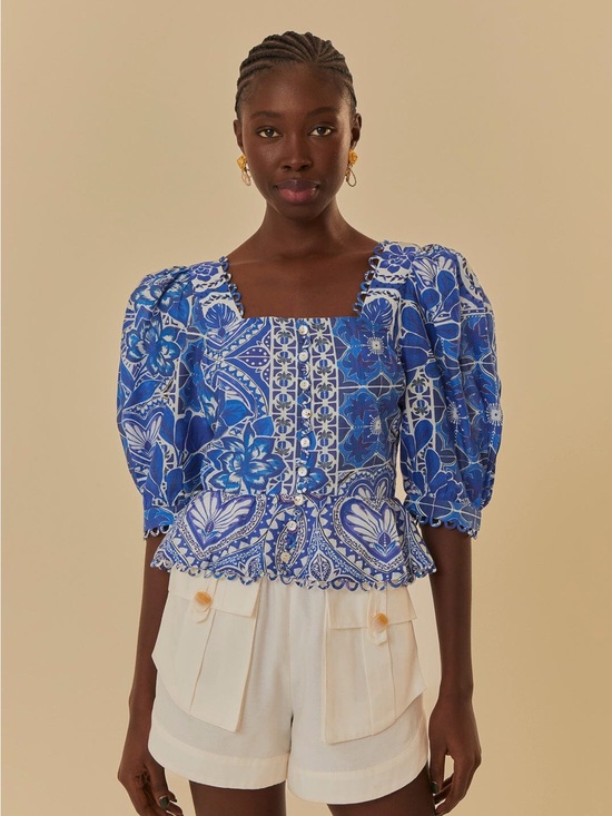 FARM Rio Tops - Farm Rio: Blue Tile Dream Short Sleeve
Blouse